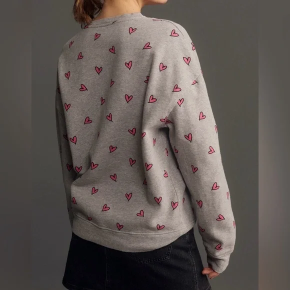 Anthropologie KULE The Oversized All Over Heart Sweatshirt Grey Pink Size Large - Picture 6 of 13